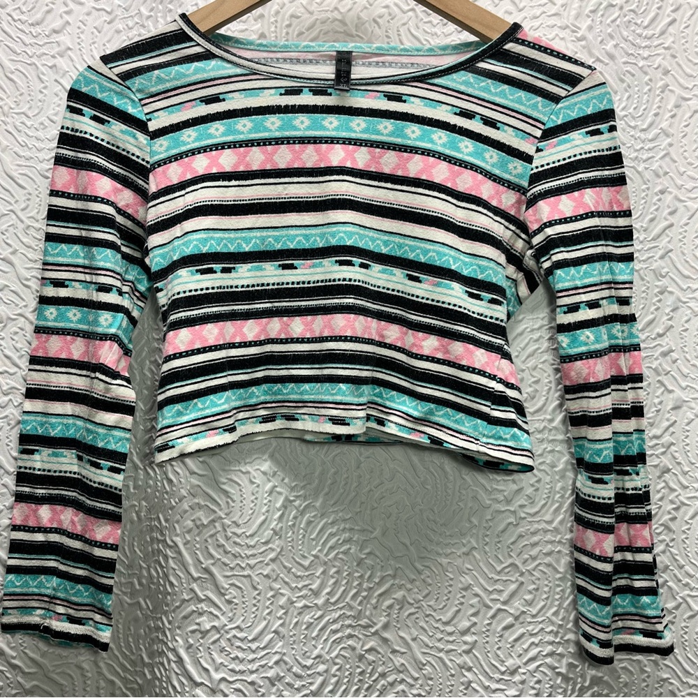 Full Tilt Cropped Tribal Striped Long Sleeve